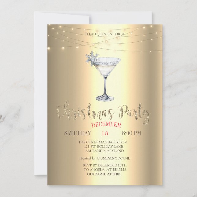 Invitación  Cocktail Snowflake String Lights Gold Christmas  (Anverso)