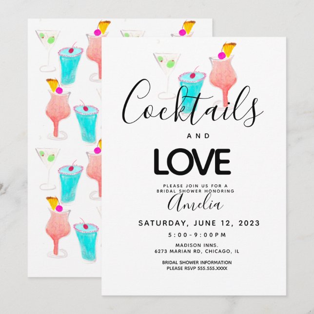 Invitación Cocktails acuarela Ducha nupcial Bachelorette (Anverso / Reverso)