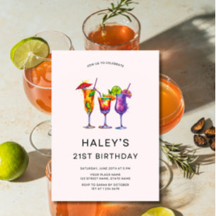 Invitación Cocktails acuarela Fiesta de cumpleaños 21