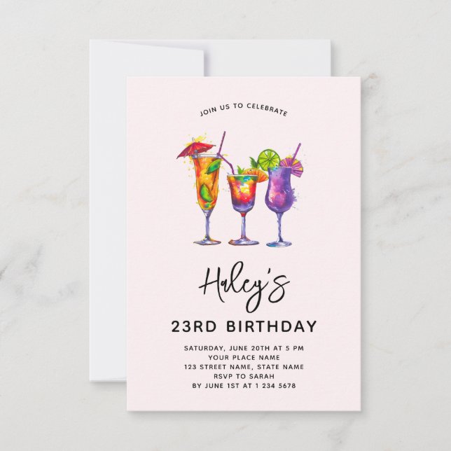 Invitación Cocktails acuarela Fiesta de cumpleaños 23 (Anverso)