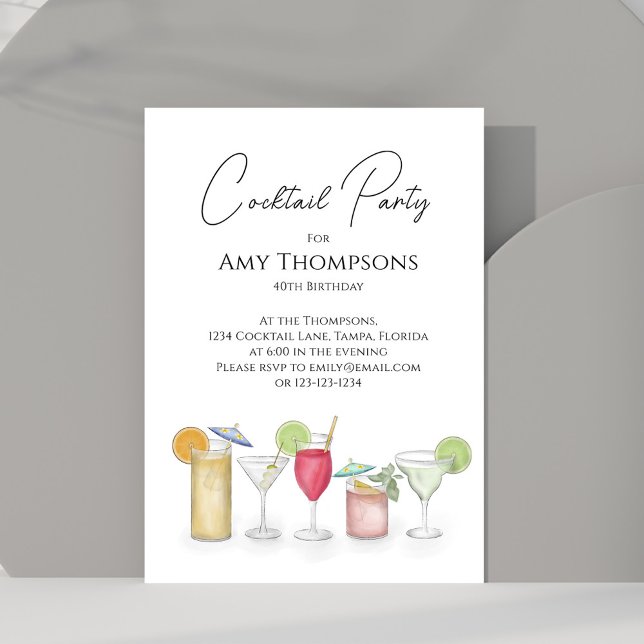 Invitación Cocktails acuarela Fiesta de cumpleaños para adult (Watercolor cocktail party invitation with whimsy cocktail drinks. )