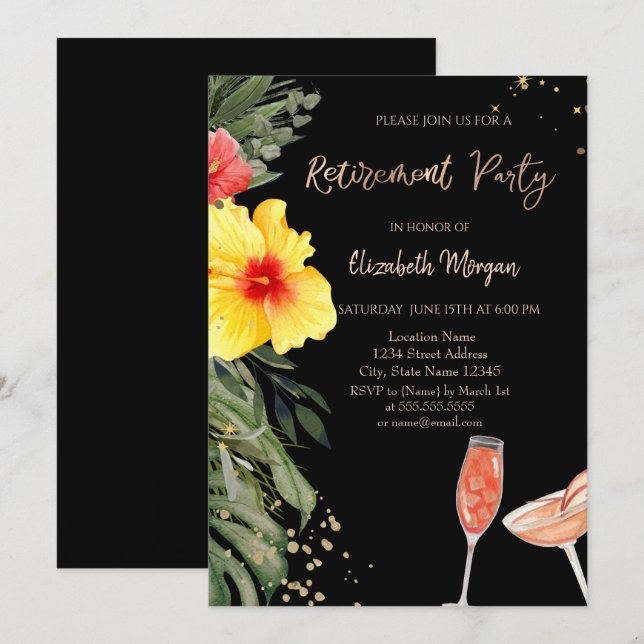 Invitación Cocktails acuarelas Hibiscus Black Retirement (Anverso / Reverso)