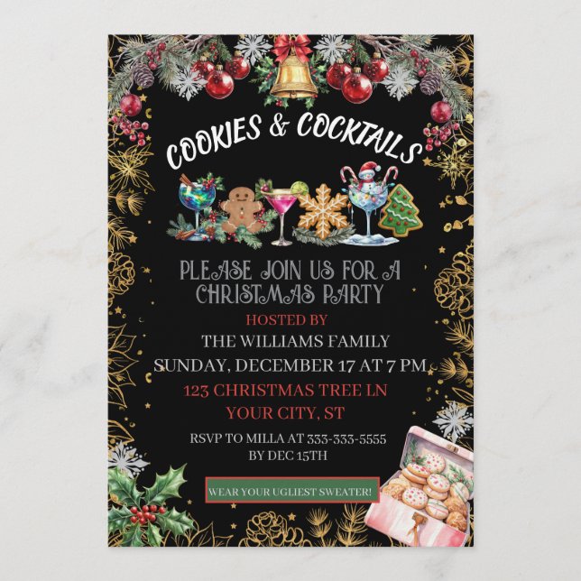 Invitación Cocktails & Cookies Christmas Holiday party  (Anverso)