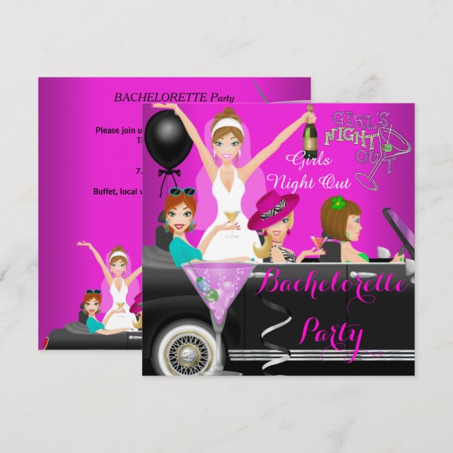 Invitación Cocktails de coches Limo Pink Fun Limo de la Bache (Anverso / Reverso)