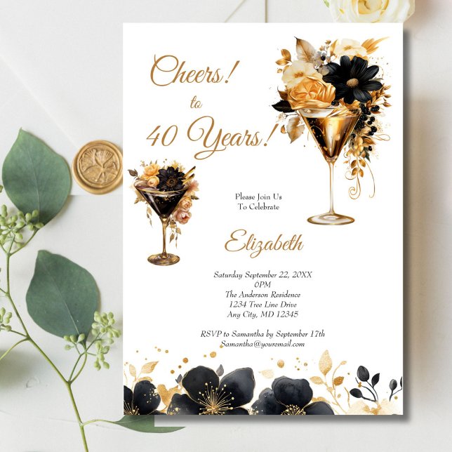 Invitación Cocktails de oro negro bebe florals cumpleaños núm (Black Gold Cocktail Flowers Watercolor 40th Birthday invitation)