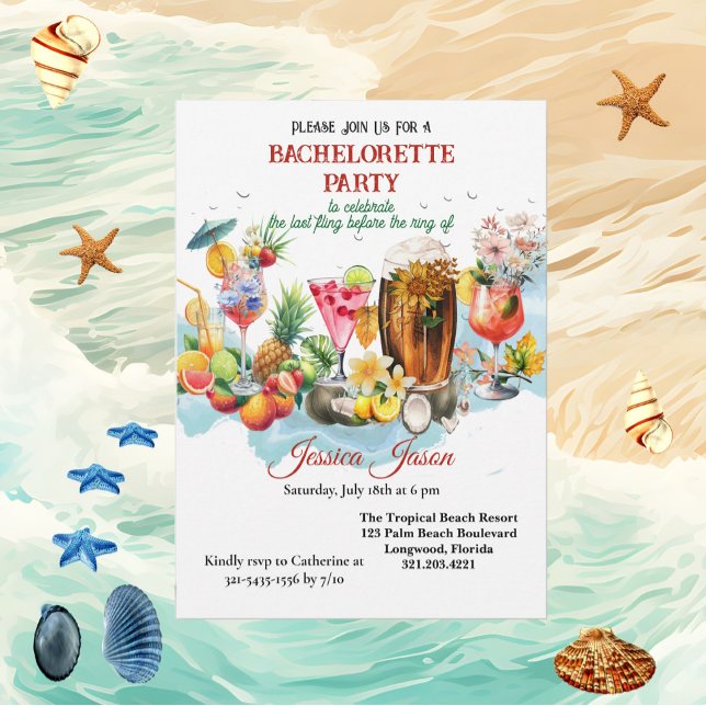 Invitación Cocktails de playa Frutas tropicales Fiesta de la  (Beach Cocktails Tropical Fruits Bachelorette Party Invitation)