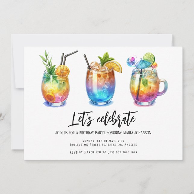 Invitación Cocktails de verano acuarela Fiesta de cumpleaños (Anverso)