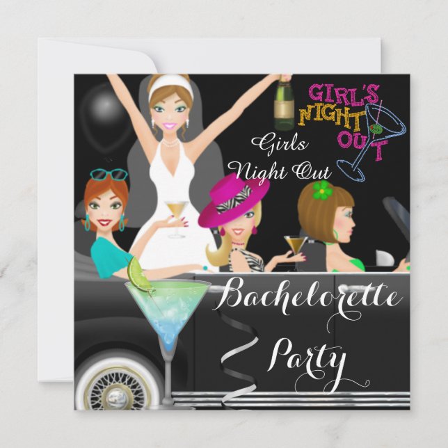 Invitación Cocktails del coche de Bachelorette Party Fun Limo (Anverso)