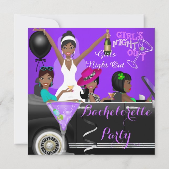 Invitación Cocktails del coche de Bachelorette Party Purple F (Anverso)