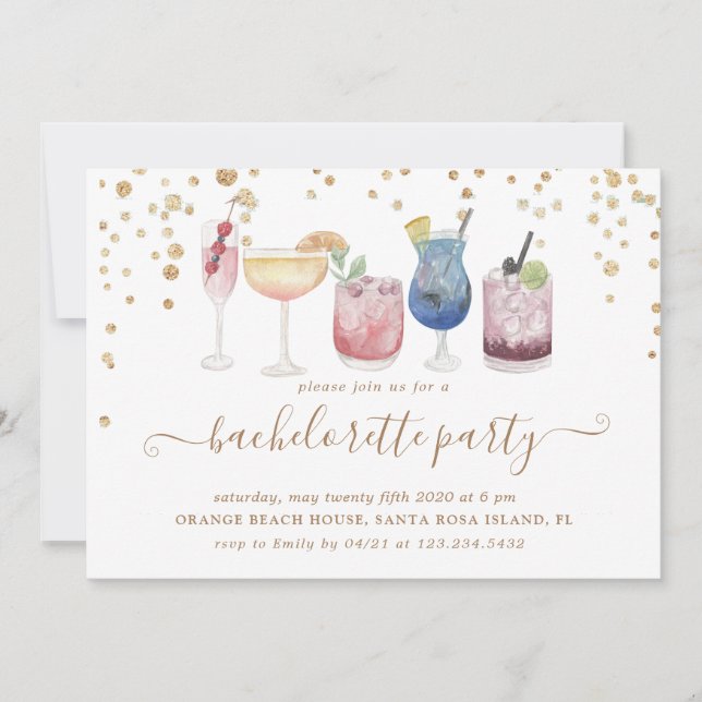 Invitación Cocktails dorados Purpurina Bachelorette Party (Anverso)