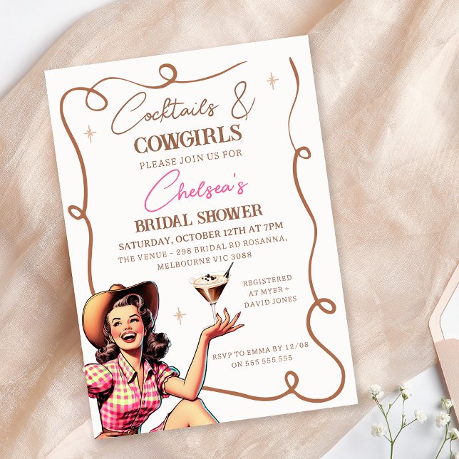 Invitación Cocktails marrones retro Novias Ducha de novias (Cowgirl Bridal Shower Invitation Template, Cocktail and Cowgirls Bridal Shower Invitation Retro)