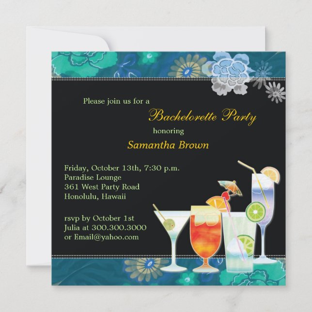 Invitación Cocktails tropicales Fiesta de la Bachelorette (Anverso)