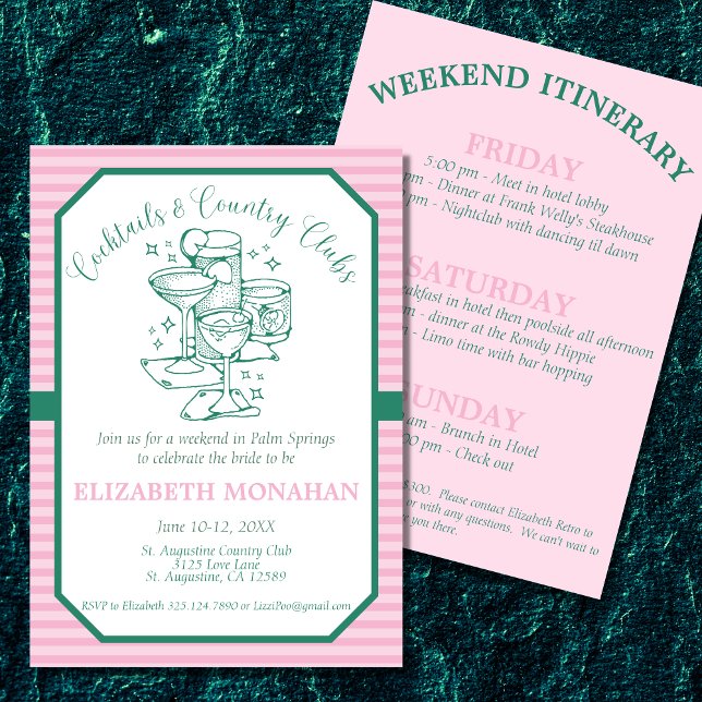Invitación Cocktails y Bachelorette (Set the atmosphere for your cocktails and country club bachelorette weekend with these invitations. )