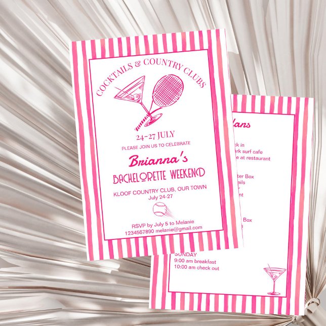 Invitación Cocktails y clubes de campo tenis Bachelorette (Cocktails and country clubs tennis last swing Bachelorette weekend itinerary Invitation template)
