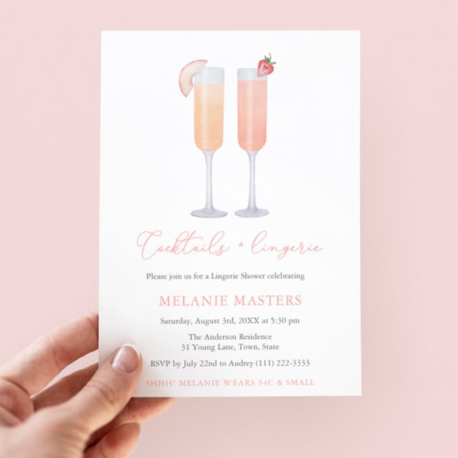 Invitación Cocktails y ducha de soltero de lencería (Cocktails & Lingerie Bridal Shower Invitation featuring watercolor fruit bellini cocktails)
