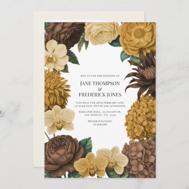Invitación Cocoa Brown, Golden Caramel & Soft Butter Wedding (Anverso / Reverso)