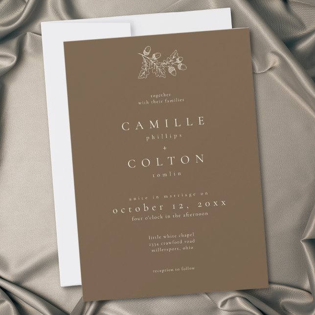 Invitación Cocoa Brown Minimalist Leaf Acorn Fall Wedding (Subido por el creador)