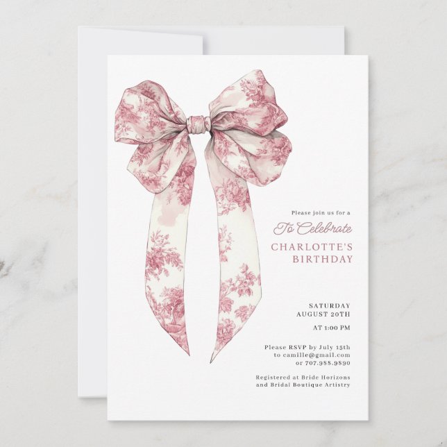 Invitación Cocota Rosa Lazo Cumpleaños Toilette (Anverso)