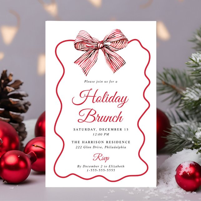 Invitación Cocotte de Navidad Tazón de Desayuno Navideño (Christmas Coquette Bow Holiday Brunch Invitation)