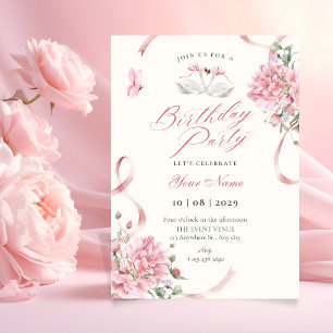 Invitación Cocotte floral lazo rosa vintage cumpleaños
