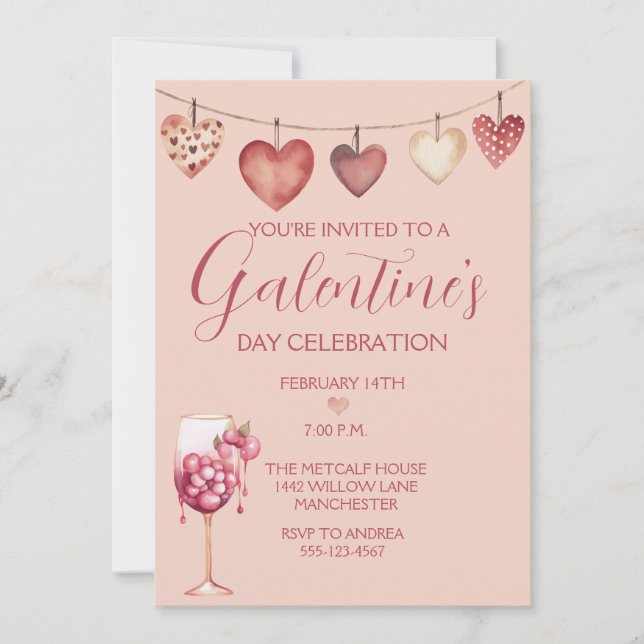Invitación Cóctel acuarela festivo galentine's Day Pink (Anverso)
