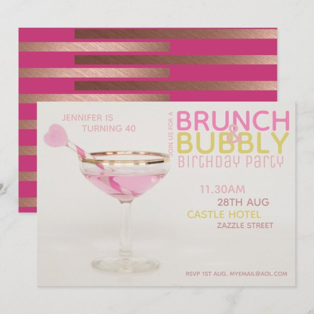 Invitación Cóctel BUBBLY rosa oro moderno 40 cumpleaños BRUNC (Anverso / Reverso)