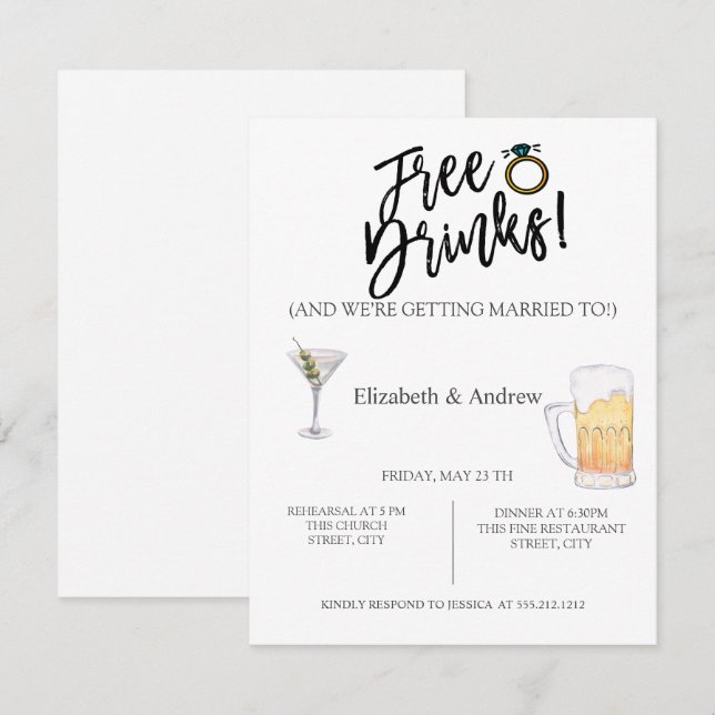 Invitación Cóctel, Cerveza, Bebidas Gratis Cena de Ensayo (Anverso / Reverso)