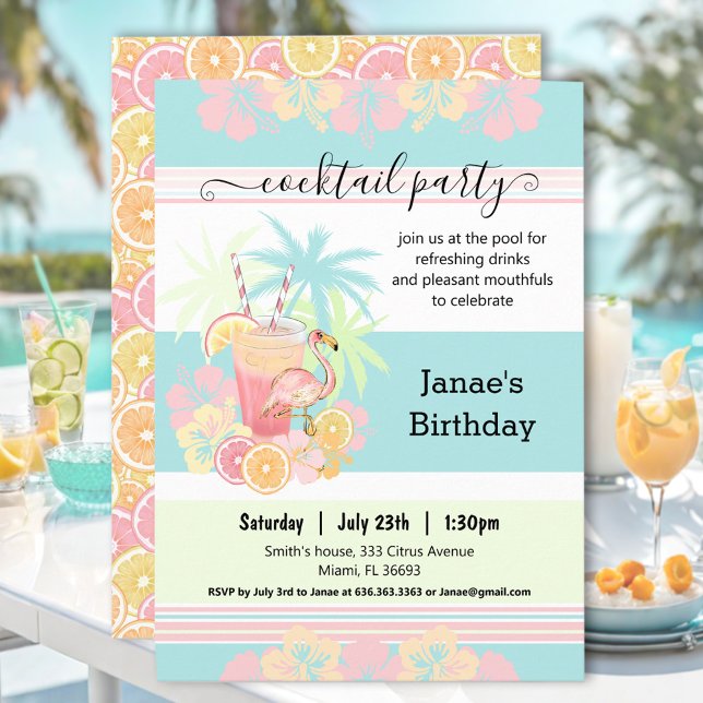 Invitación Cóctel Citrus Piscina Fiesta Playa Tropical (Cocktail Citrus Summer Pool Party Beach Tropical Invitation)