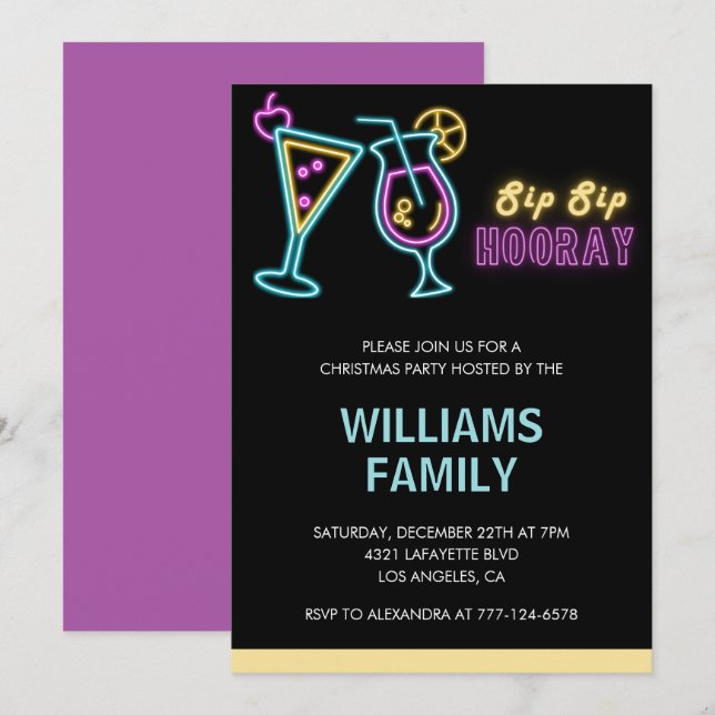 Invitación Cóctel de bebidas neón para fiesta de Navidad (Anverso / Reverso)