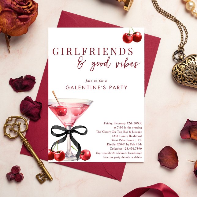 Invitación Cóctel de Cena de Galentines Chic Bow Cherry Marti (Subido por el creador)