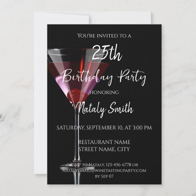 Invitación Cóctel de cerezo martini sobre negro (Anverso)