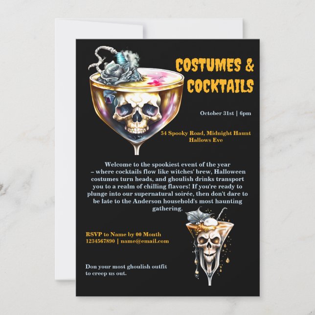 Invitación Cóctel de cráneo bebe gótico naranja negro de Hall (Anverso)