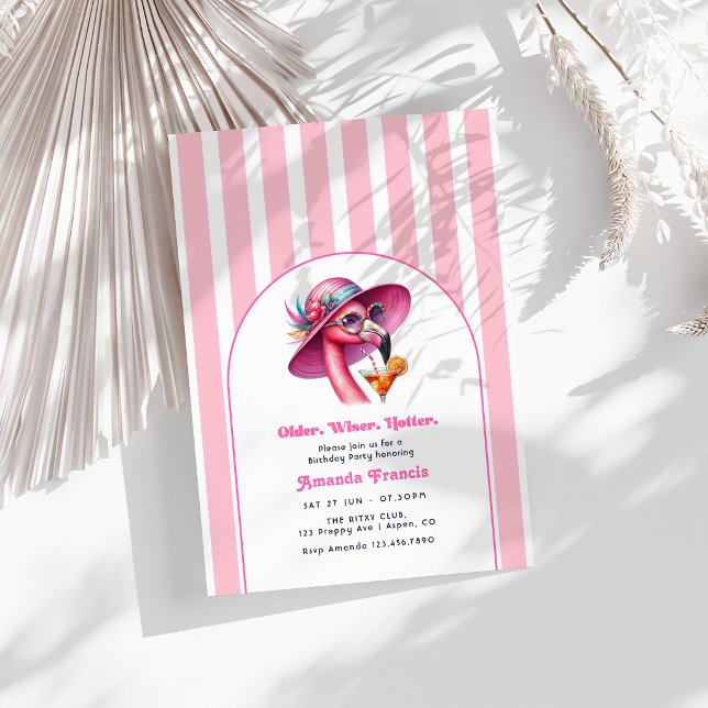 Invitación Cóctel de cumpleaños rosa caliente para mujeres ma (Older Wiser Hotter Hot Pink Birthday Cocktail Invitation)
