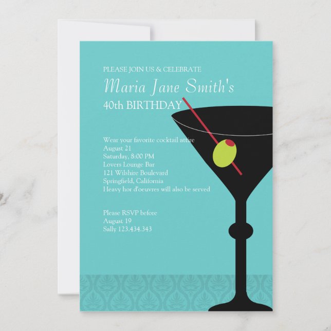 Invitación Cóctel de cumpleaños Turquoise Martini y Merriment (Anverso)