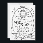 Invitación Cóctel de escrúpulo de mano 30 años cualquiera<br><div class="desc">Celebra tu hito de 30 años con estilo con esta invitación a la discoteca rosada de moda. Esta invitación al personalizable, con un diseño lúdico de bolas de disco, cristal de martini y ilustraciones de pasteles con un vibrante fondo rosa, es perfecta para una celebración divertida y festiva. Personalice fácilmente...</div>