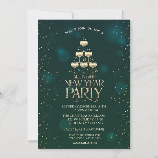 Invitación Cóctel de estrellas de copa de champán Navidad  (Anverso)