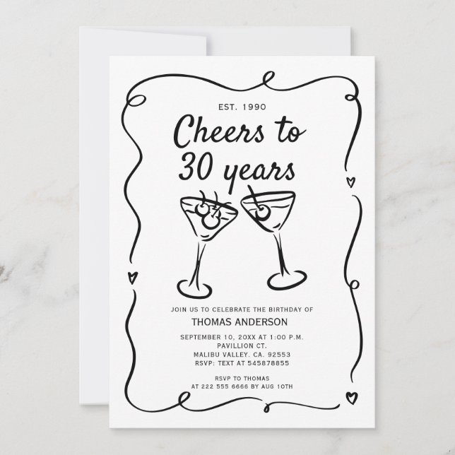 Invitación Cóctel de mano dibujado 30,40,50, cumpleaños (Anverso)
