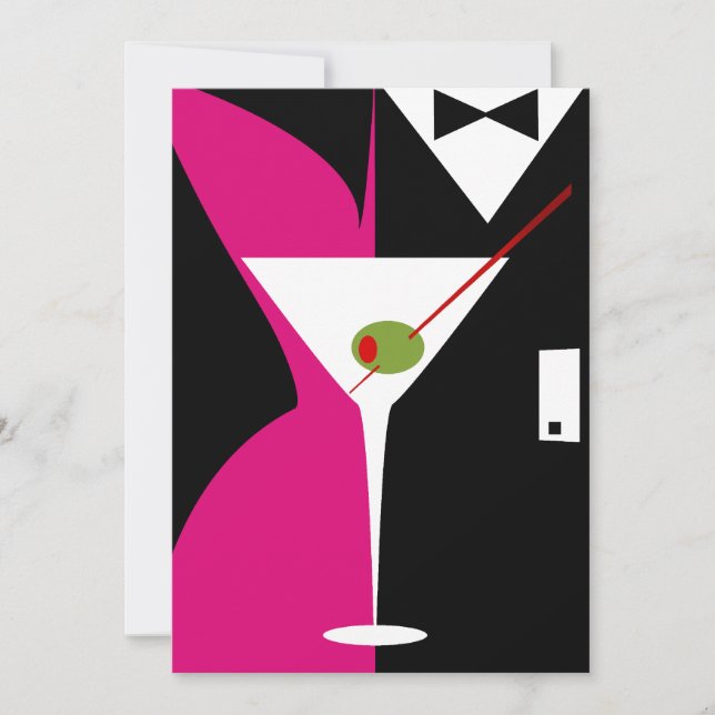 Invitación Cóctel de Martini Clásico Fucsia y Negro (Anverso)