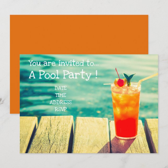Invitación Cóctel de Naranja Retro Pool Fiesta (Anverso / Reverso)