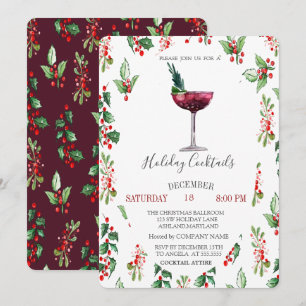 Invitación Cóctel de Navidad Burgundy Holly Berry