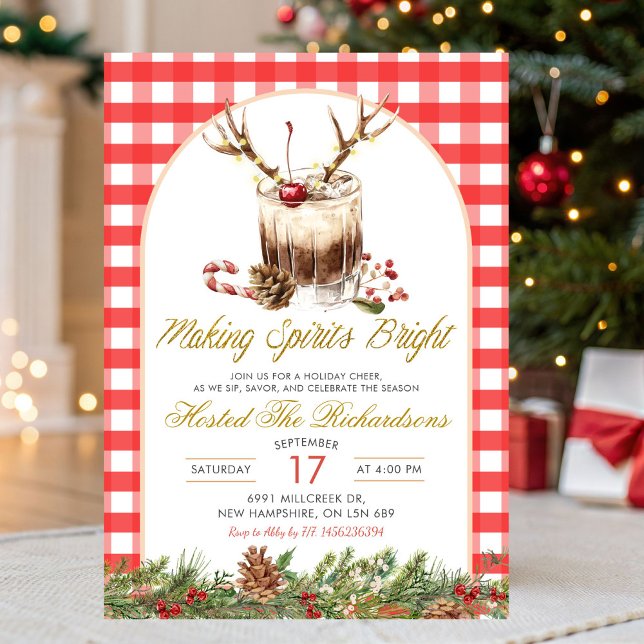 Invitación Coctel de Navidad Gingham que ilumina los Espíritu (Subido por el creador)