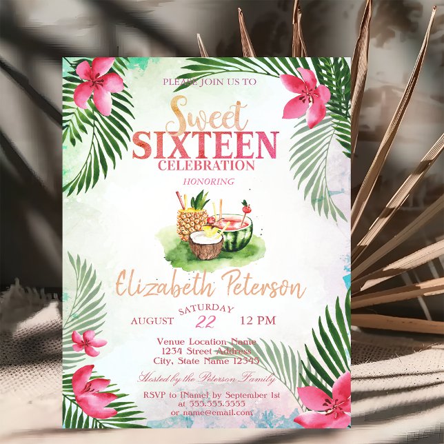 Invitación Cóctel de Palma de Flor TropicalFiesta Dulce de 16 (Subido por el creador)