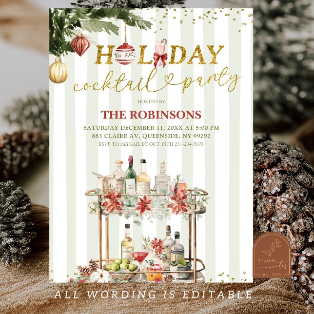 Invitación Cóctel de vacaciones de Navidad con rayas verde sa (Subido por el creador)