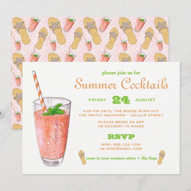 Invitación Cóctel del verano de la acuarela (Anverso / Reverso)