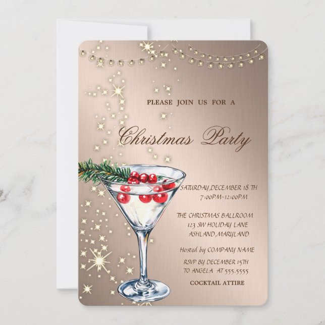 Invitación Cóctel,Esparkle,Luces,Fiesta Rosa Navidades de oro (Anverso)