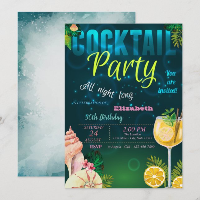 Invitación Cóctel, Fiesta de Cumpleaños de Verano de Seashell (Anverso / Reverso)
