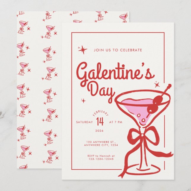 Invitación Cóctel Galentine’s Day con Lazo Rojo y  (Anverso / Reverso)