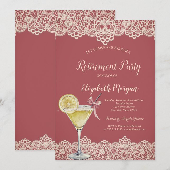 Invitación Cóctel Lemon Lace Rojo de Jubilación (Anverso / Reverso)