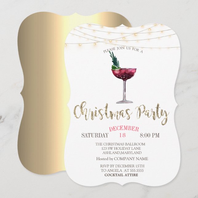 Invitación Cóctel, Luces de Cadena Doradas Compañía de Navida (Anverso / Reverso)