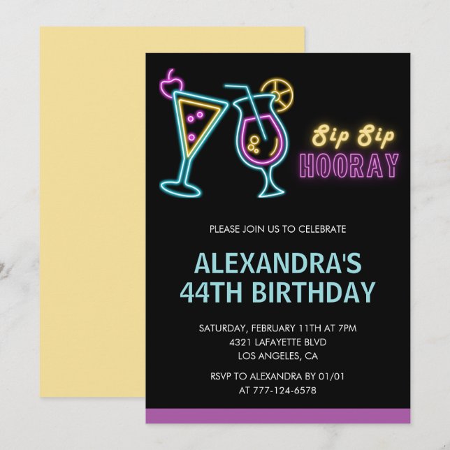 Invitación Cóctel Martini Black Neon Glow cumpleaños 44 (Anverso / Reverso)